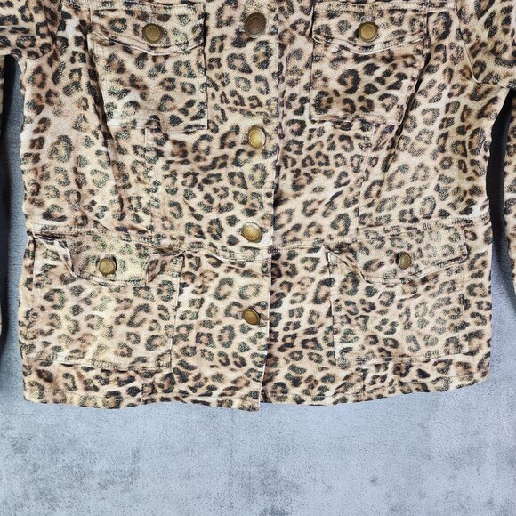 Chico's Brown Leopard Print Jacket Button Up Front Pockets Long Sleeve Size 1 - Picture 3 of 12